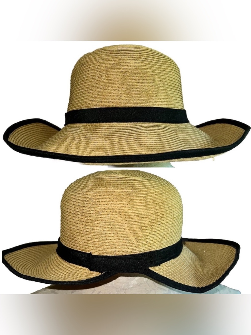 Sun N Sand Woven Straw Wide Brim Sun Hat Black Trim Adjustable OS UPF 50+